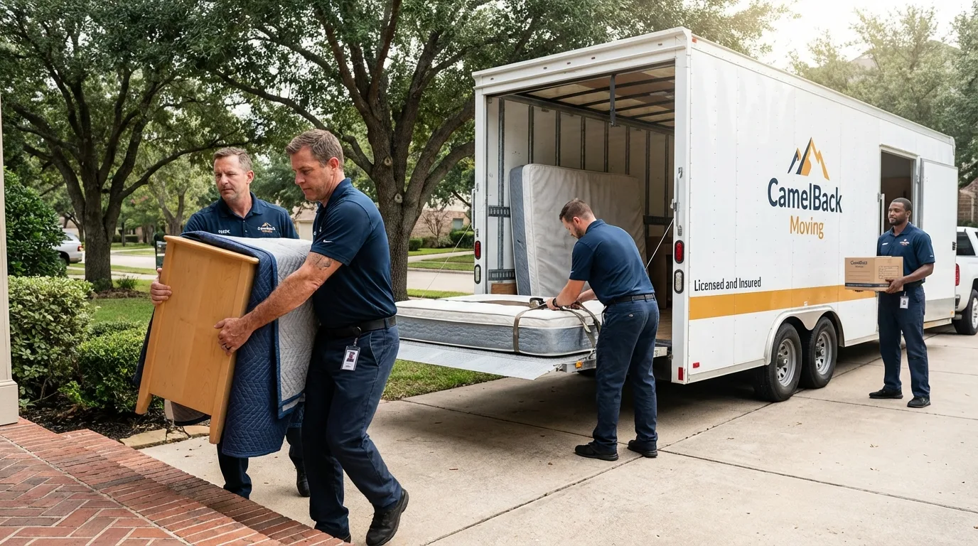 Crew loading residential truck for cross-state move from Morton, IL