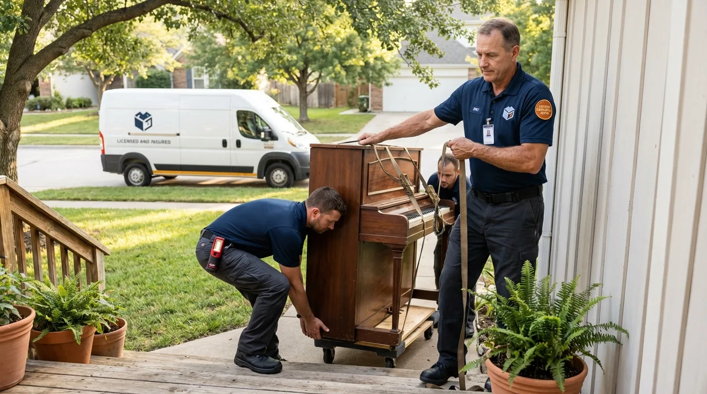 Licensed piano movers securing grand piano in Morton, IL
