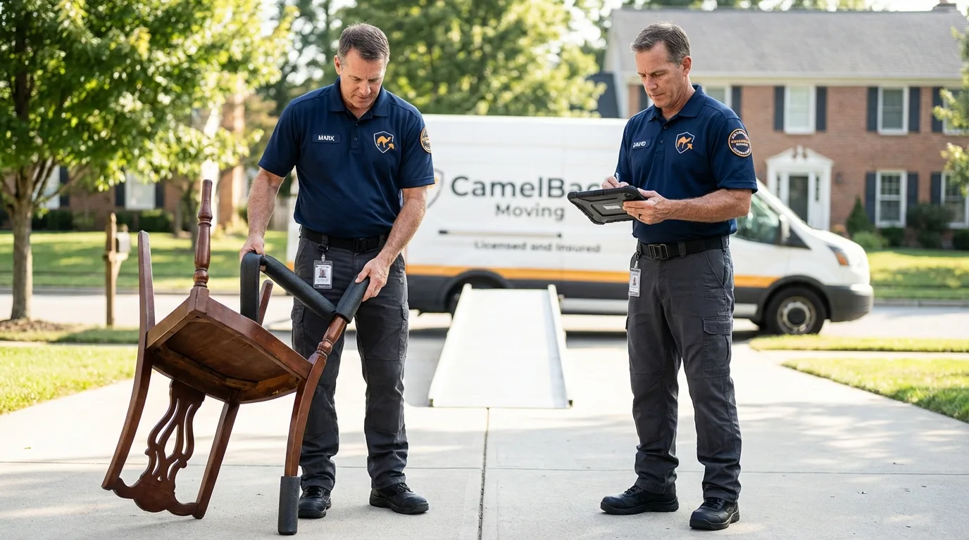 Movers inspecting furniture for damage prevention before loading in Morton, IL