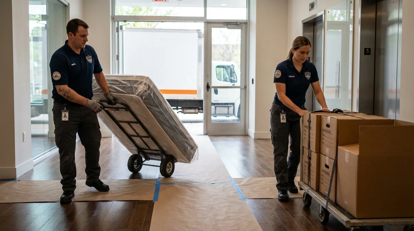 Professional apartment movers loading elevator in Morton, IL